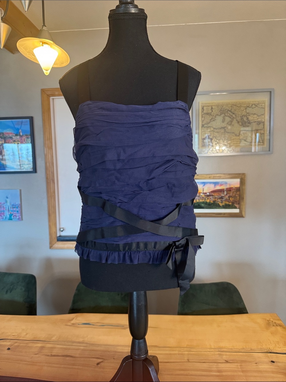 Navy Ruffled Evening Top with Satin Ribbon